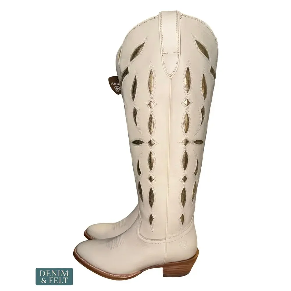 NEW Ariat Saylor StretchFit Western Boot Ivory Cutout Leather Tall Rodeo Cowgirl